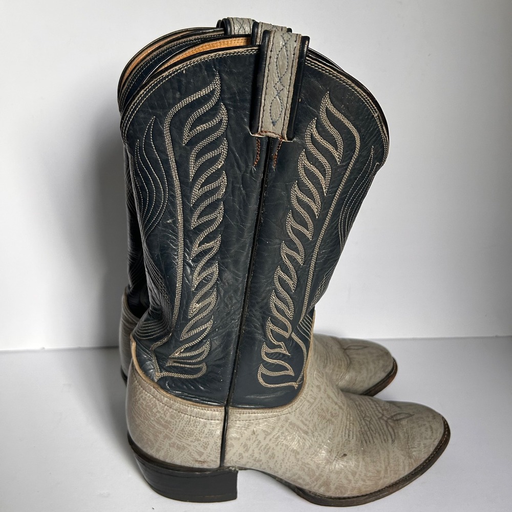 Vintage Tony Lama Mens Western Boots 11 EE Grey Navy Blue Leather Cowboy 8056
